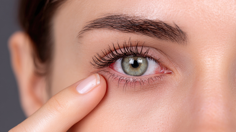 Woman pointing at her eye